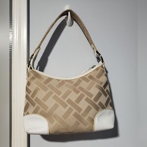 Talbots Beige Monogram Jacquard Shoulder Bag White Leather Trim Y2K Hobo